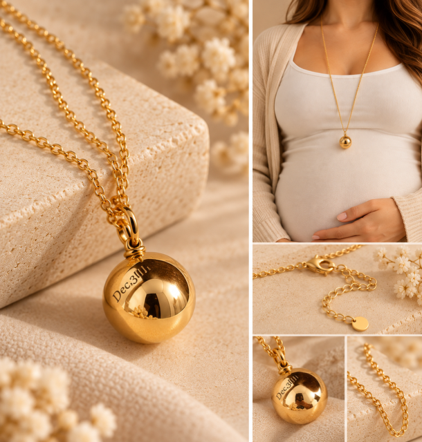 Bola de grossesse doré sphère classique, collier de grossesse porté sur le ventre